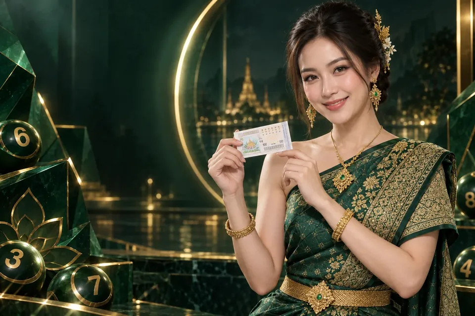 ภาพหญิงผู้ใหญ่ในชุดไทยผ้าไหมสีเขียวมรกตและทองถือสลากจำลอง สร้างด้วย AI